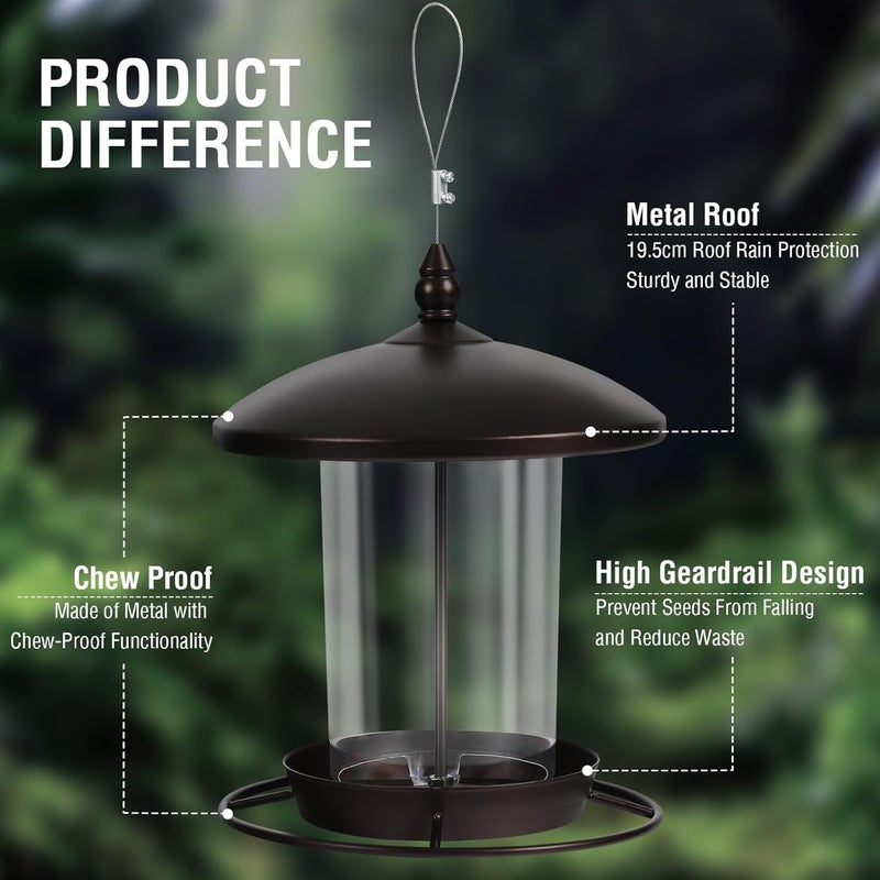 Youvip Metal Bird Feeder for Outdoors Hanging,3.0LB Seed Feeder,Easy to Fill & Clean,360° Feeding,Weatherproof Roof for Gardens and Wild Birds,Brown - Image 2